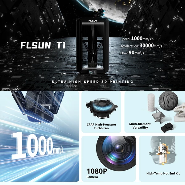 Flsun T1 3D nyomtató, 1000mm/s, automatikus szintezés, 300°C extruder, 110°C fűtött ágy, 260x260x330mm, fém delta váz