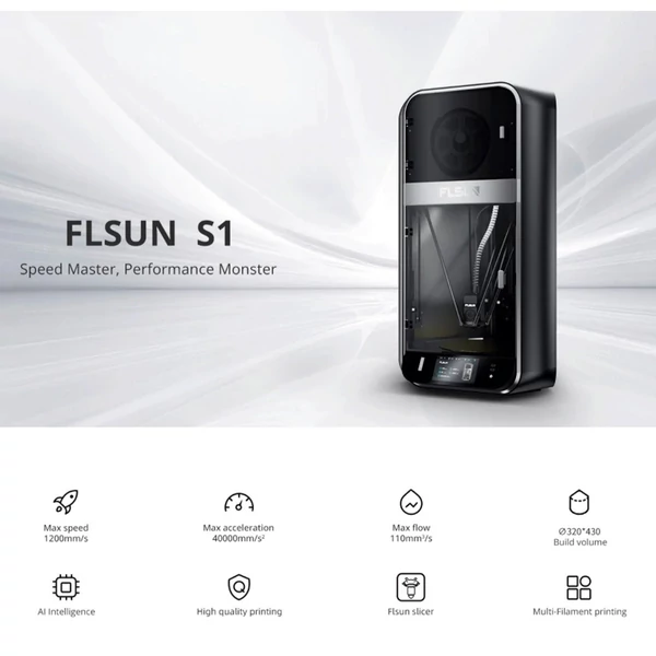 FLSUN S1 3D nyomtató 1200mm/s max nyomtatási sebesség, 40000mm/s² gyorsulás, 320*320*430 mm³ nagy építési térfogat, eszköz önteszt, 350°C fém fúvóka