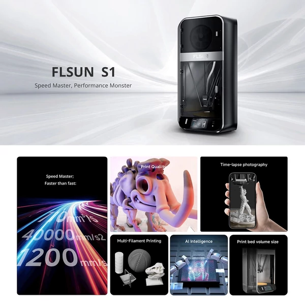 FLSUN S1 3D nyomtató 1200mm/s max nyomtatási sebesség, 40000mm/s² gyorsulás, 320*320*430 mm³ nagy építési térfogat, eszköz önteszt, 350°C fém fúvóka