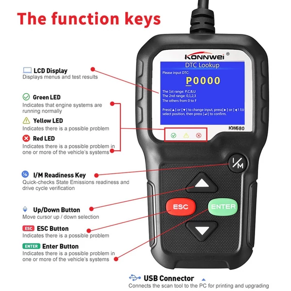 KONNWEI OBDII CAN Diagnosztikai Eszköz Autókód Olvasó KW680 Motorhiba Jelző Fény Szkenner OBD II Szkenner 1996-tól gyártott autókhoz