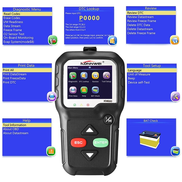 KONNWEI OBDII CAN Diagnosztikai Eszköz Autókód Olvasó KW680 Motorhiba Jelző Fény Szkenner OBD II Szkenner 1996-tól gyártott autókhoz