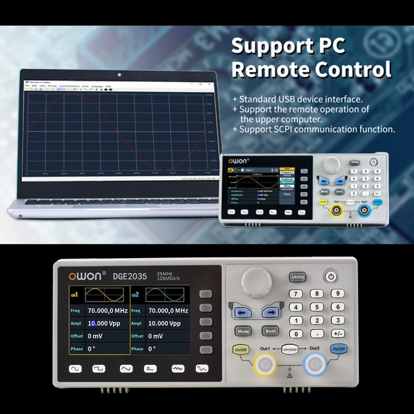 Owon DGE2035 Digitális Tároló Oszcilloszkóp Kétcsatornás Tetszőleges Hullámforma Generátor 3,6 hüvelykes LCD Kijelző 2CH 35MHz 125MS/s