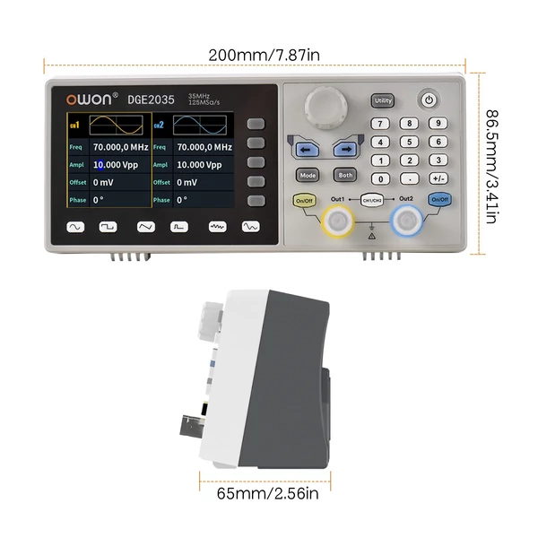 Owon DGE2035 Digitális Tároló Oszcilloszkóp Kétcsatornás Tetszőleges Hullámforma Generátor 3,6 hüvelykes LCD Kijelző 2CH 35MHz 125MS/s