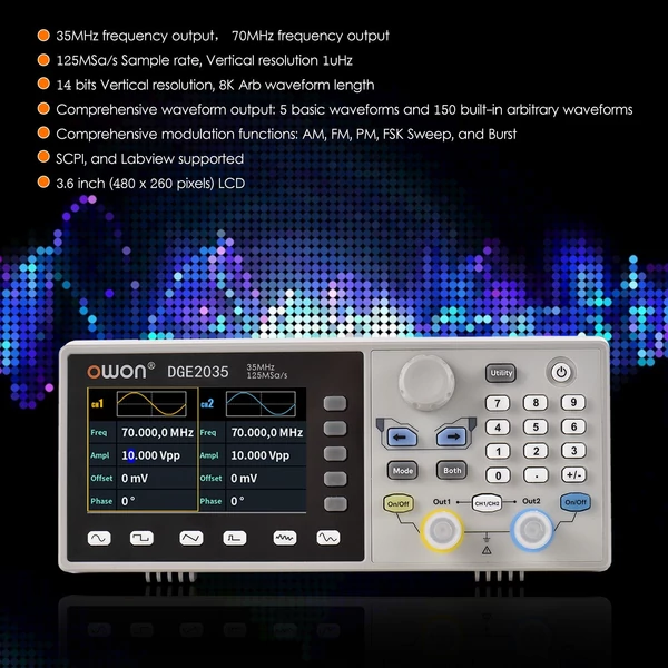 Owon DGE2035 Digitális Tároló Oszcilloszkóp Kétcsatornás Tetszőleges Hullámforma Generátor 3,6 hüvelykes LCD Kijelző 2CH 35MHz 125MS/s