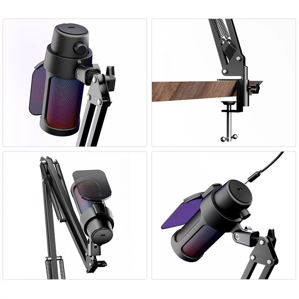USB gaming mikrofon készlet, RGB világítás, kardioid mód, némítás, hangerőszabályzó, állvánnyal, iOS/Android/Windows/MacOS kompatibilis - Fekete