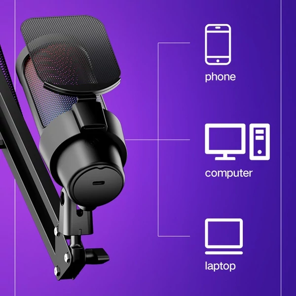 USB gaming mikrofon készlet, RGB világítás, kardioid mód, némítás, hangerőszabályzó, állvánnyal, iOS/Android/Windows/MacOS kompatibilis - Fekete