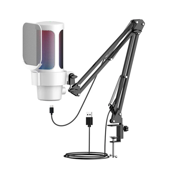 USB gaming mikrofon készlet, RGB világítás, kardioid mód, némítás, hangerőszabályzó, állvánnyal, iOS/Android/Windows/MacOS kompatibilis - Fehér