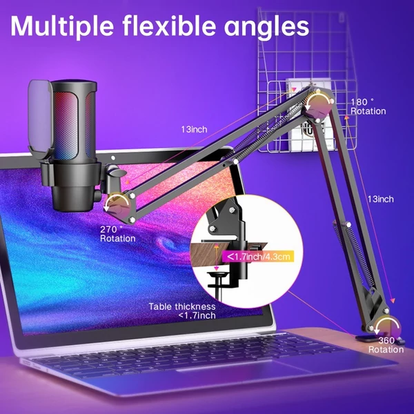 USB gaming mikrofon készlet, RGB világítás, kardioid mód, némítás, hangerőszabályzó, állvánnyal, iOS/Android/Windows/MacOS kompatibilis - Pink