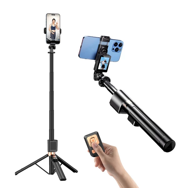 CL07 Kihúzható szelfibot állvány telefonnal, vetítővászon távirányítóval, 170 cm-es alumínium tripod vloghoz, szelfihez, élőzéshez