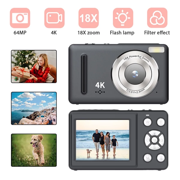 H10 digitális gyerek fényképezőgép 4K videó funkcióval, 64MP felbontással és 18x zoommal - Fekete