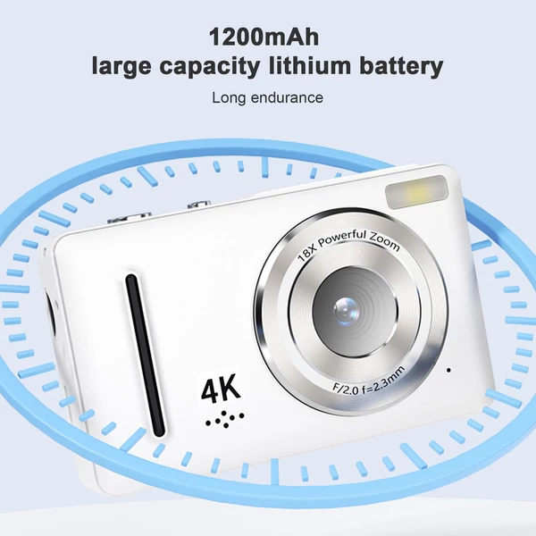 H10 digitális gyerek fényképezőgép 4K videó funkcióval, 64MP felbontással és 18x zoommal - Fehér
