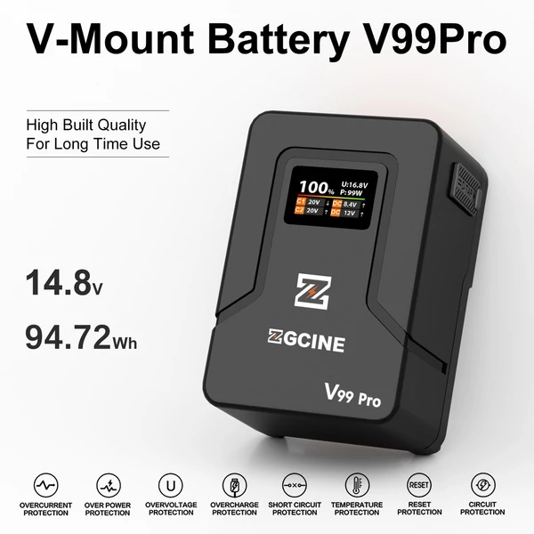 ZGCINE V Lock akkumulátor 94.72Wh V Mount PD100W gyorstöltés D-Tap/USB-C/BP bemenettel és kimenettel kamerához, LED fényhez, monitorhoz - Fekete