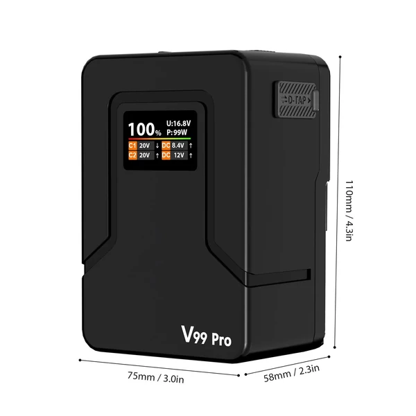 ZGCINE V Lock akkumulátor 94.72Wh V Mount PD100W gyorstöltés D-Tap/USB-C/BP bemenettel és kimenettel kamerához, LED fényhez, monitorhoz - Fekete