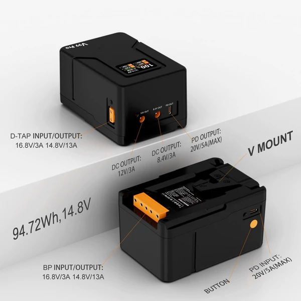 ZGCINE V Lock akkumulátor 94,72Wh V Mount PD100W gyorstöltés D-Tap/USB-C/BP bemenet és kimenet kamera LED lámpákhoz, monitorhoz, laptophoz - Narancs