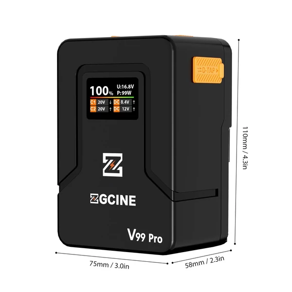 ZGCINE V Lock akkumulátor 94,72Wh V Mount PD100W gyorstöltés D-Tap/USB-C/BP bemenet és kimenet kamera LED lámpákhoz, monitorhoz, laptophoz - Narancs
