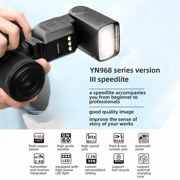 Yongnuo YN968EX-RT III frissített vakufény master/slave TTL speedlite GN60 1/8000s HSS LED segédfénnyel Canon DSLR-hez.