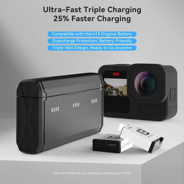 TELESIN Sportkamera akkumulátortöltő készlet: 1 db 3-slot töltő, 2 db 1950mAh akku GoPro Hero 13-hoz