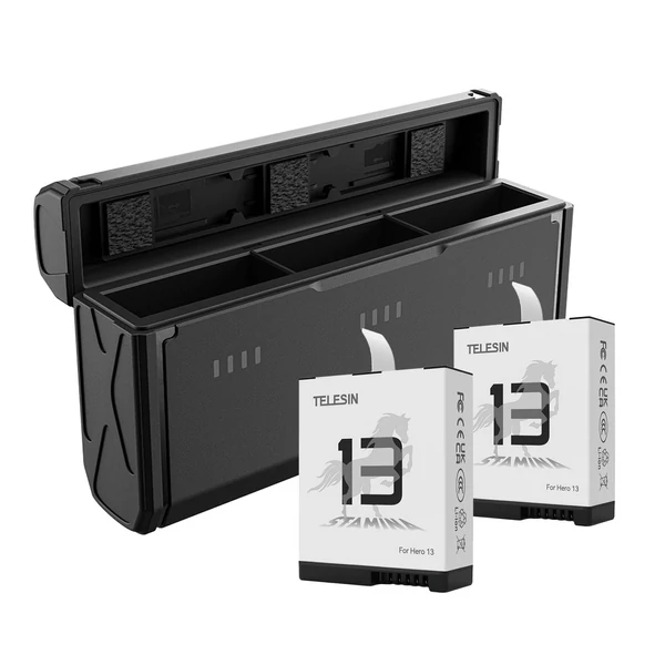 TELESIN Sportkamera akkumulátortöltő készlet: 1 db 3-slot töltő, 2 db 1950mAh akku GoPro Hero 13-hoz