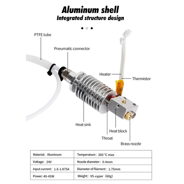 Vyper Hotend 24V40W 3D nyomtatóhoz, kompatibilis Anycubic Vyperrel, 0,4 mm rézfúvóka, alumínium hőblokk, 1,75 mm filamenthez