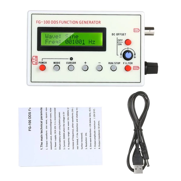 1Hz-500kHz FG-100 DDS Funkciógenerátor Szinusz Háromszög Négyszög Fűrészfog EKG Zaj Frekvenciamérő Jelforrás Modul