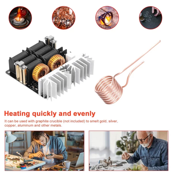 1000W ZVS indukciós fűtőmodul alacsony feszültségű fűtőtekercs flyback meghajtó réz csővel DIY kis alkatrészek edzéséhez, hőkezeléséhez