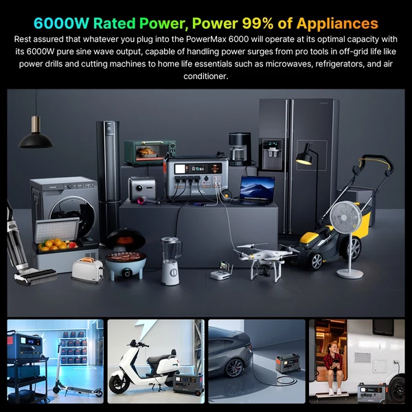 Oscal PowerMax 6000 6000W strapabíró erőmű 3600-57600Wh LiFePO4 akkumulátor 14 aljzat 120V/240V kettős feszültség APP vezérlés por- és cseppálló