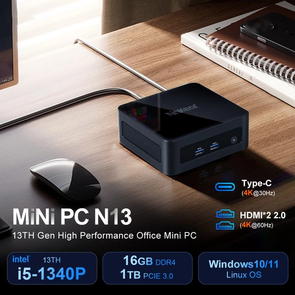 Ninkear N13 mini pc gaming erős mini számítógép 16GB RAM, 1TB SSD, i5-1340P, WiFi6, nagy felbontású kijelző miniszámítógép