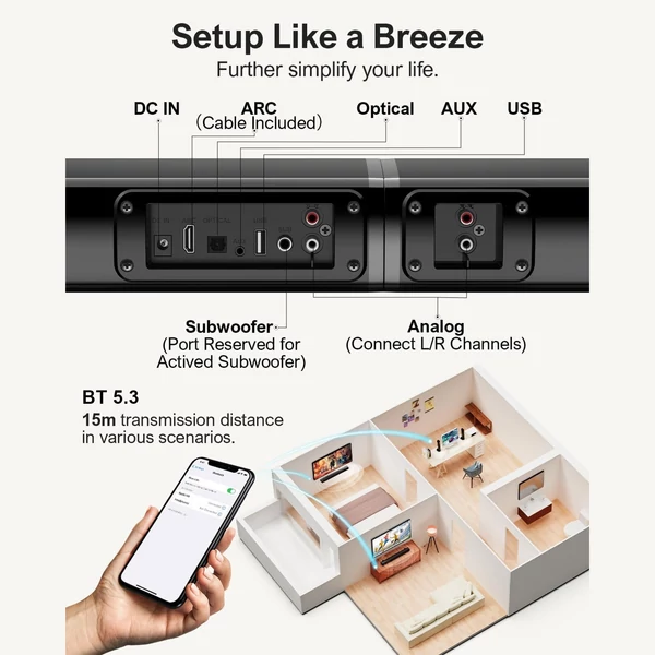 ULTIMEA Apollo S40 2.2CH Bluetooth levehető soundbar TV-hez, 100W, 3 EQ mód, állítható basszus, ARC/Optikai/Aux/Fali rögzítés