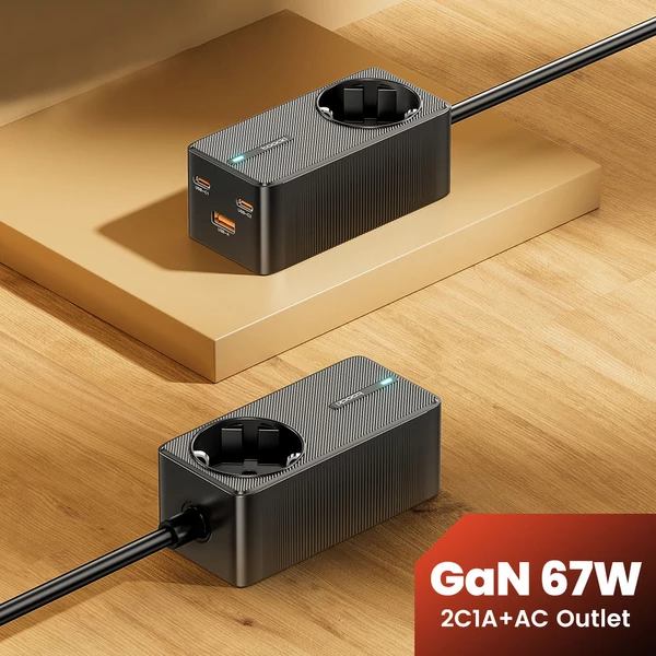 Toocki TCT2C67-JRB01 67W GaN töltő, háromportos (kettős USB-C 67W + USB-A 22,5W) PD 3.0-val és biztonsági védelemmel