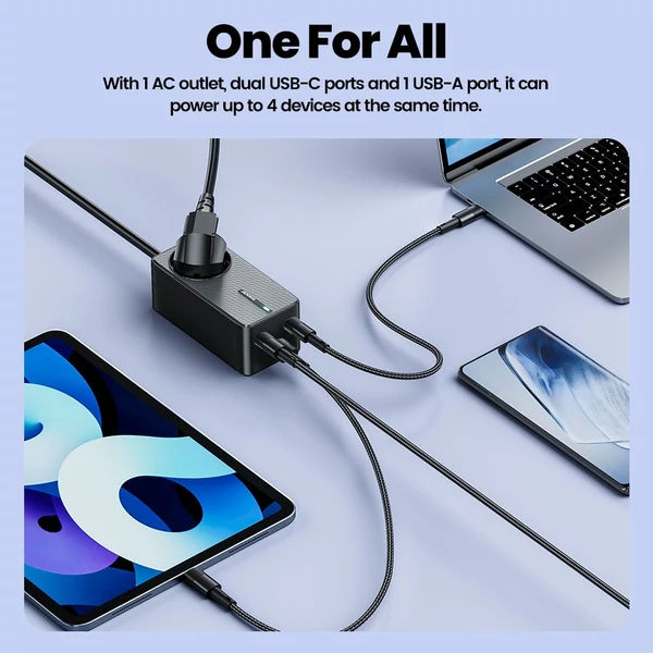 Toocki TCT2C67-JRB01 67W GaN töltő, háromportos (kettős USB-C 67W + USB-A 22,5W) PD 3.0-val és biztonsági védelemmel
