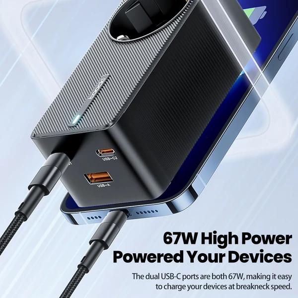 Toocki TCT2C67-JRB01 67W GaN töltő, háromportos (kettős USB-C 67W + USB-A 22,5W) PD 3.0-val és biztonsági védelemmel