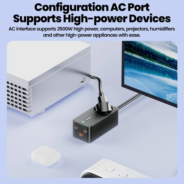 Toocki TCT2C67-JRB01 67W GaN töltő, háromportos (kettős USB-C 67W + USB-A 22,5W) PD 3.0-val és biztonsági védelemmel
