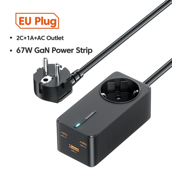 Toocki TCT2C67-JRB01 67W GaN töltő, háromportos (kettős USB-C 67W + USB-A 22,5W) PD 3.0-val és biztonsági védelemmel