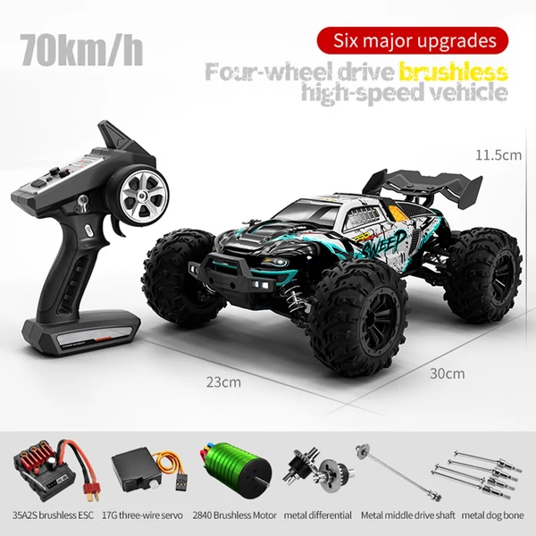 2.4 GHz 70 km/h nagy sebességű 1/16 off-road RC teherautó 4WD versenyző mászó autó kefe nélküli motorral és LED fénnyel - Zöld, 1 akkumulátor