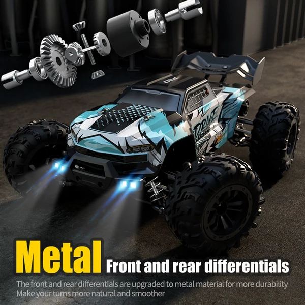 2.4 GHz 70 km/h nagy sebességű 1/16 off-road RC teherautó 4WD versenyző mászó autó kefe nélküli motorral és LED fénnyel - Zöld, 2 akkumulátor