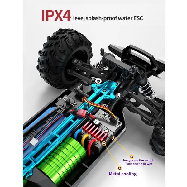 2.4 GHz 70 km/h nagy sebességű 1/16 off-road RC teherautó 4WD versenyző mászó autó kefe nélküli motorral és LED fénnyel - Piros, 2 akkumulátor