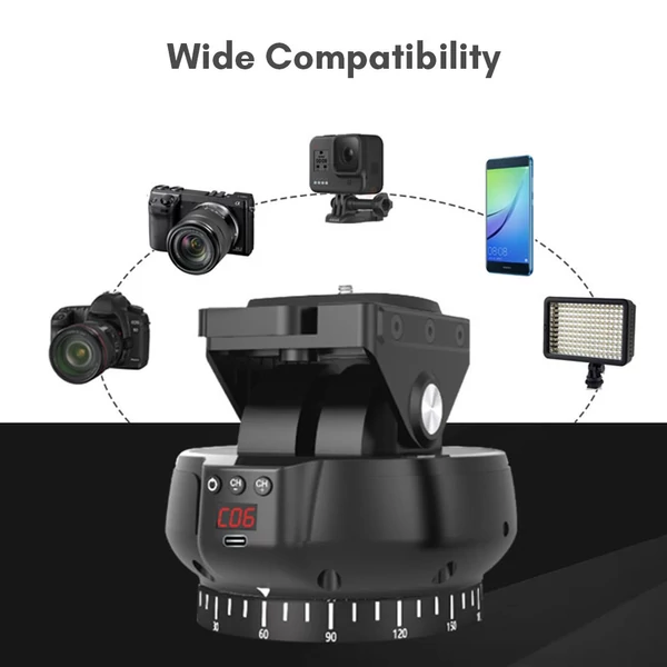 Andoer YT1200 motoros panorámafej, 2 tengelyes, 360°-os forgás, távirányítóval, 9 sebességfokozattal, 1 kg teherbírással.