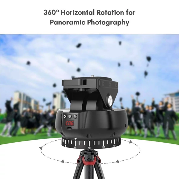 Andoer YT1200 motoros panorámafej, 2 tengelyes, 360°-os forgás, távirányítóval, 9 sebességfokozattal, 1 kg teherbírással.