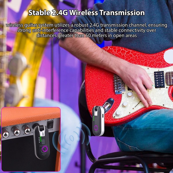 2,4G vezeték nélküli gitárrendszer, újratölthető, 230 fokban forgatható csatlakozóval, valós idejű átvitel elektromos gitárhoz és basszushoz