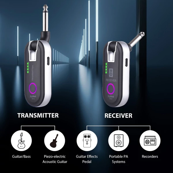 2,4G vezeték nélküli gitárrendszer, újratölthető, 230 fokban forgatható csatlakozóval, valós idejű átvitel elektromos gitárhoz és basszushoz