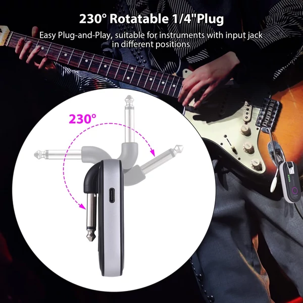2,4G vezeték nélküli gitárrendszer, újratölthető, 230 fokban forgatható csatlakozóval, valós idejű átvitel elektromos gitárhoz és basszushoz