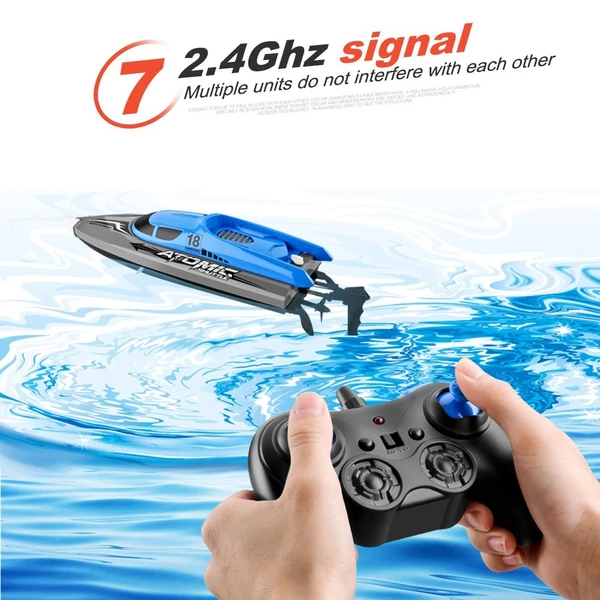 2,4 GHz-es 4 csatornás RC hajó, 30 km/h sebességű, IPV7 vízálló versenyhajó gyerekeknek és felnőtteknek - Kék, 3 akkumulátor