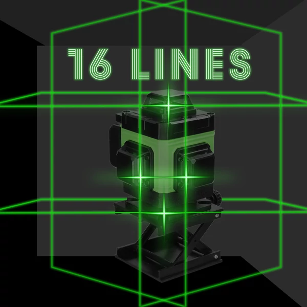 Multifunkciós 16 vonalas lézeres szintező 3° önszintező gép, tölthető lítium akkumulátorral, állítható tripod állvánnyal - 2 akkumulátor