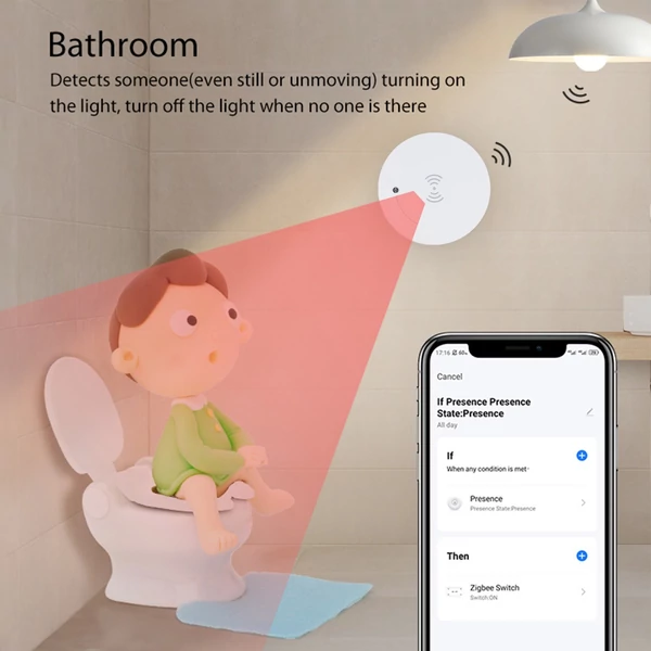 Emberi jelenlét-érzékelő, mozgás- és testhelyzet-detektor, BT5.0, 2.4GHz WiFi, hub nélkül működik - 1-es típus
