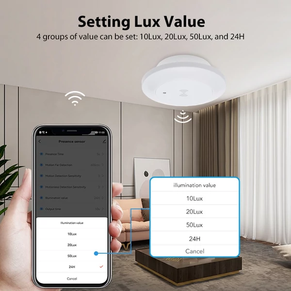 ZigBee jelenlétérzékelő, gyors mozgásdetektor, 24 GHz radar, megvilágítás érzékelés, emberi jelenlét, ZigBee átjáróval használható - 2-es típus