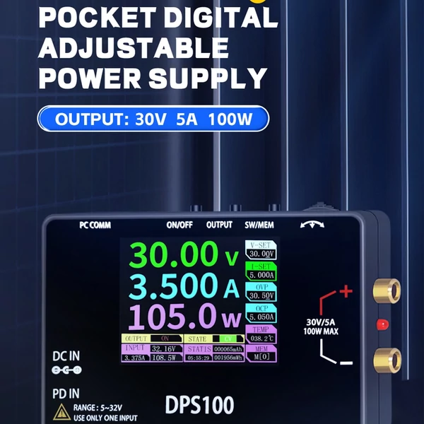 100W 30V 5A hordozható digitális állítható tápegység, többvédelem, alacsony hőmérséklet, nagy hatékonyság, 2,4 hüvelykes színes kijelzővel