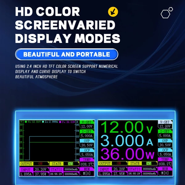 100W 30V 5A hordozható digitális állítható tápegység, többvédelem, alacsony hőmérséklet, nagy hatékonyság, 2,4 hüvelykes színes kijelzővel