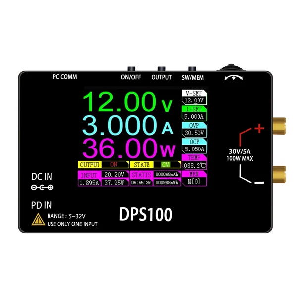 100W 30V 5A hordozható digitális állítható tápegység, többvédelem, alacsony hőmérséklet, nagy hatékonyság, 2,4 hüvelykes színes kijelzővel