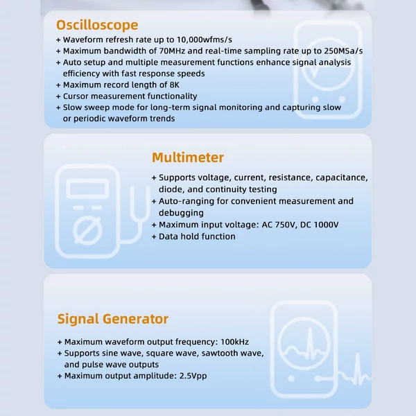 Owon oszcilloszkóp, multiméter és hullámforma-generátor, 70 MHz, 1 csatorna, 250 MSa/s, 3 az 1-ben digitális oszcilloszkóp, 3,5" LCD kijelzővel