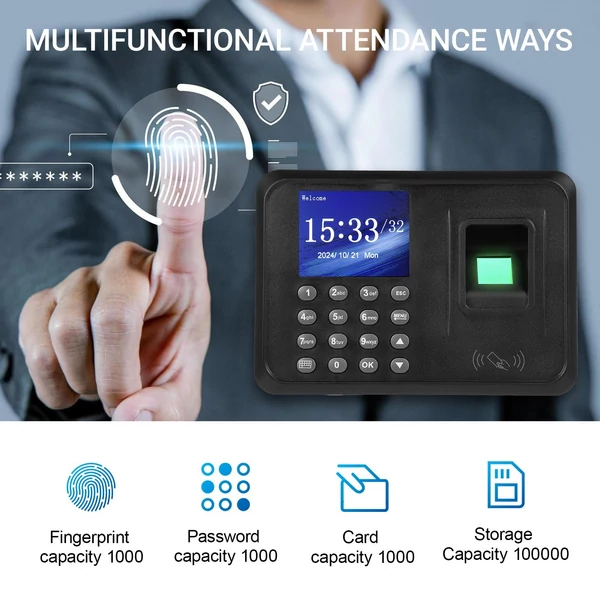 T710 2,4 hüvelykes TFT színes kijelzős biometrikus munkaidő-nyilvántartó gép ujjlenyomat, jelszó és ID kártya támogatással